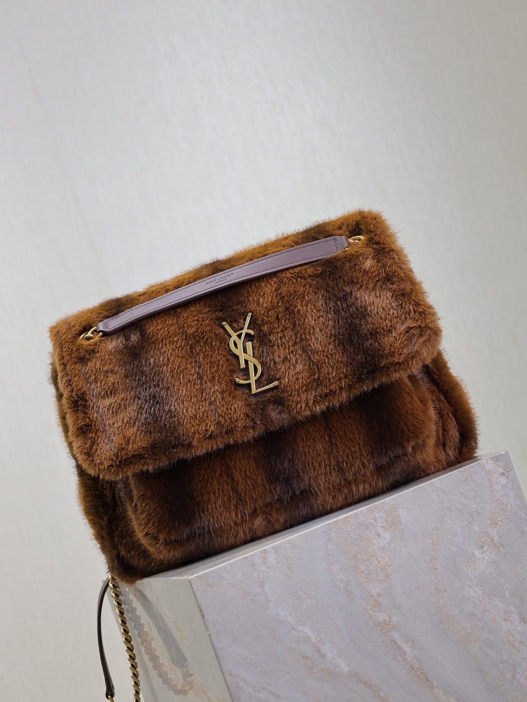 Saint Laurent Niki Large 32 in Coffe Brown Mink Fur Gold Hardware Bag
