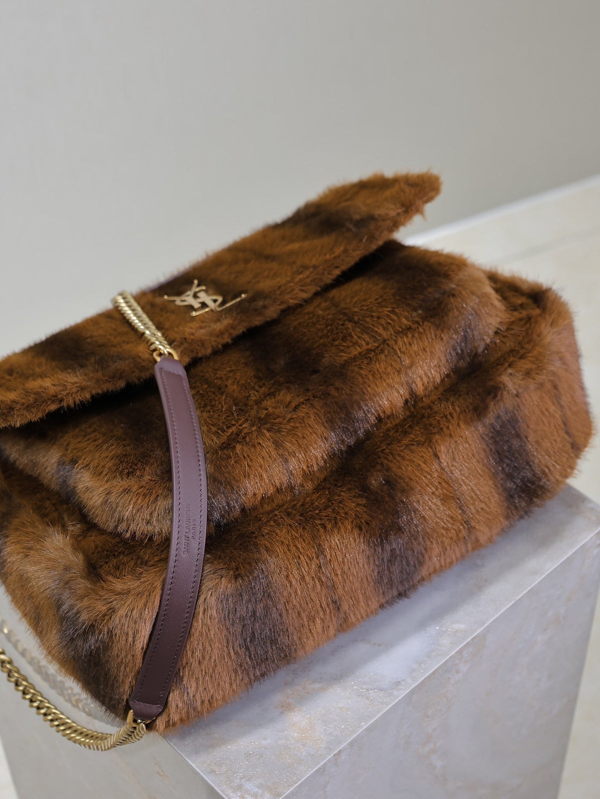 Saint Laurent Niki Large 32 in Coffe Brown Mink Fur Gold Hardware Bag