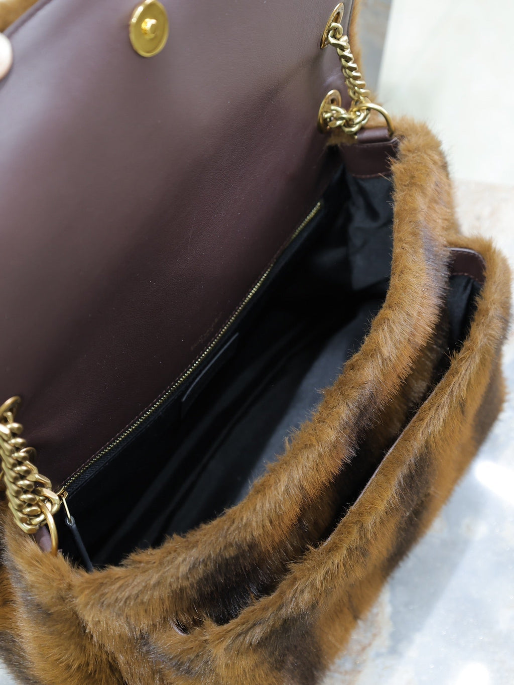 Saint Laurent Niki Large 32 in Coffe Brown Mink Fur Gold Hardware Bag