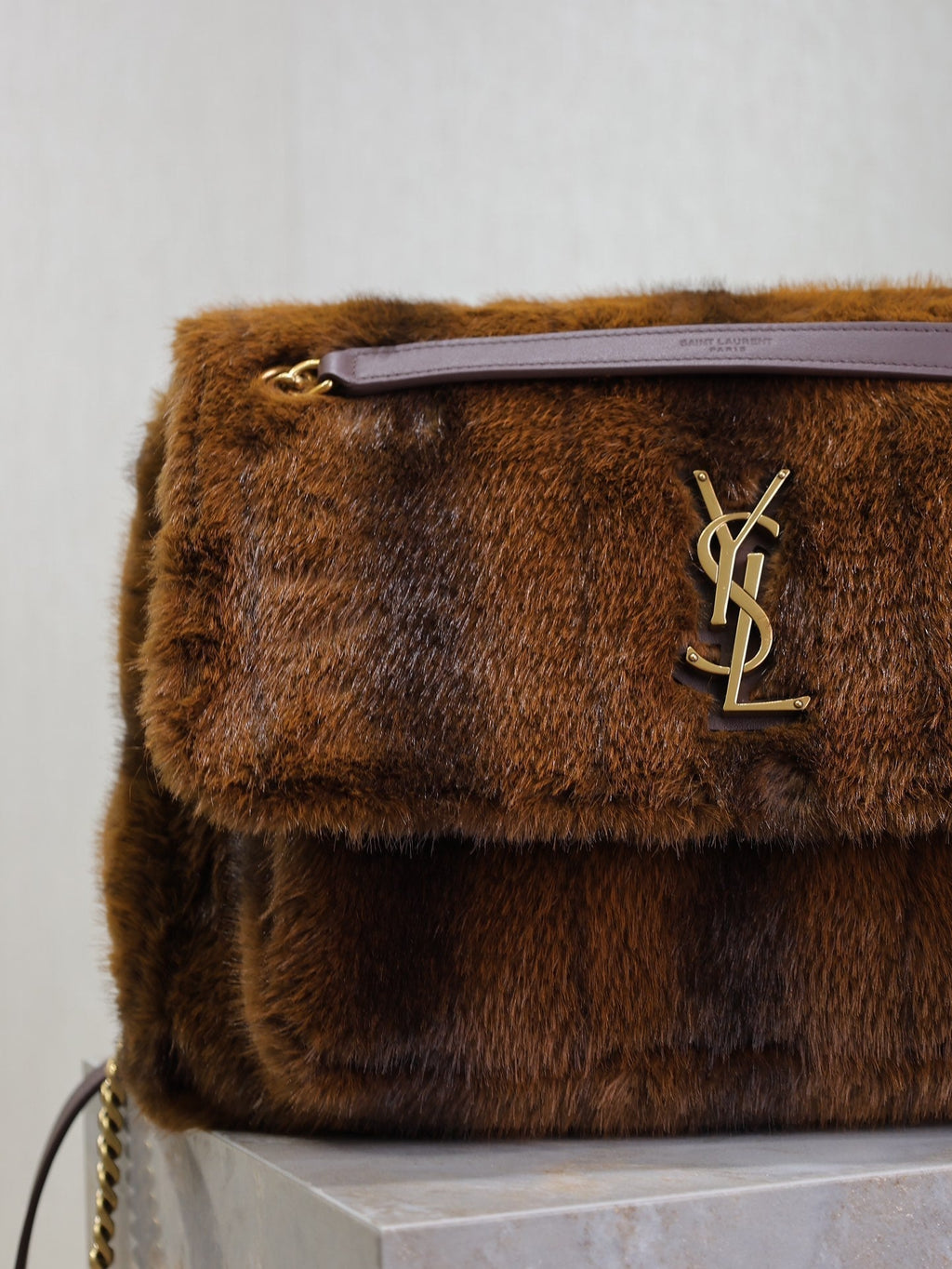 Saint Laurent Niki Large 32 in Coffe Brown Mink Fur Gold Hardware Bag