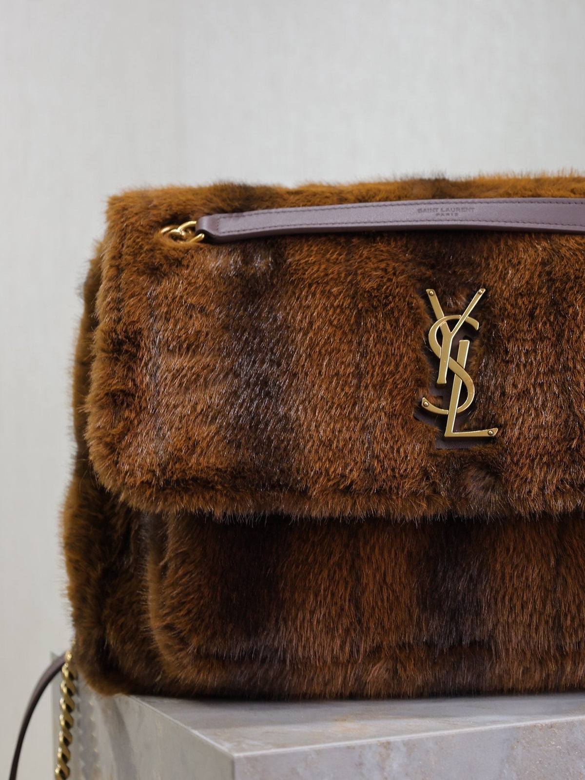 Saint Laurent Niki Large 32 in Coffe Brown Mink Fur Gold Hardware Bag