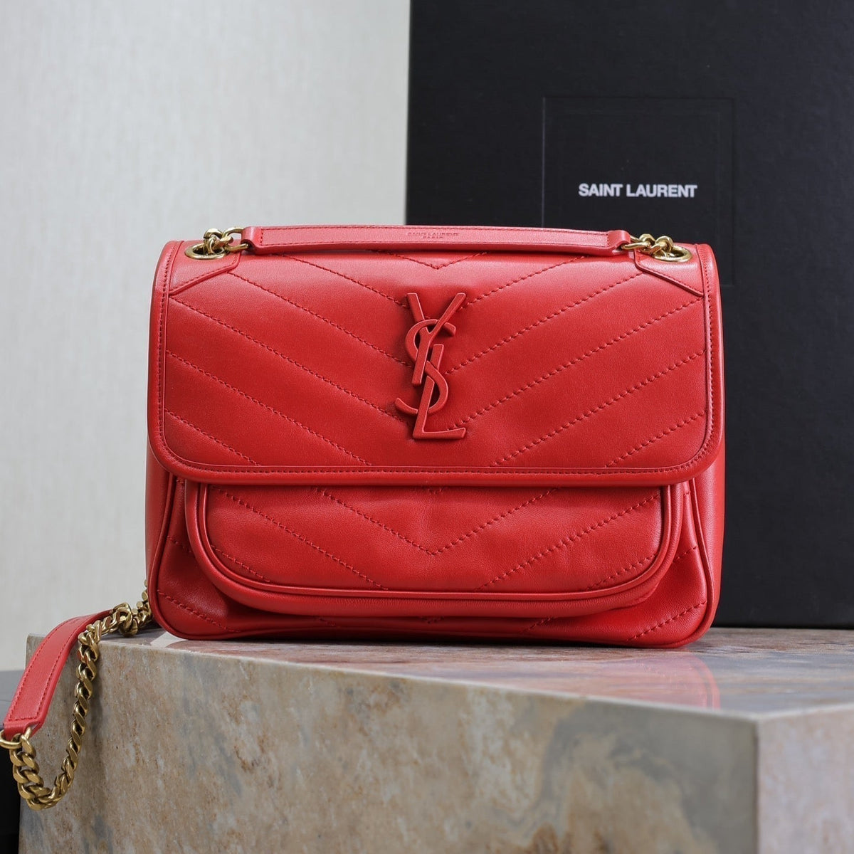 Saint Laurent Niki Medium 28 in Classic Red Lambskin Gold Hardware Bag