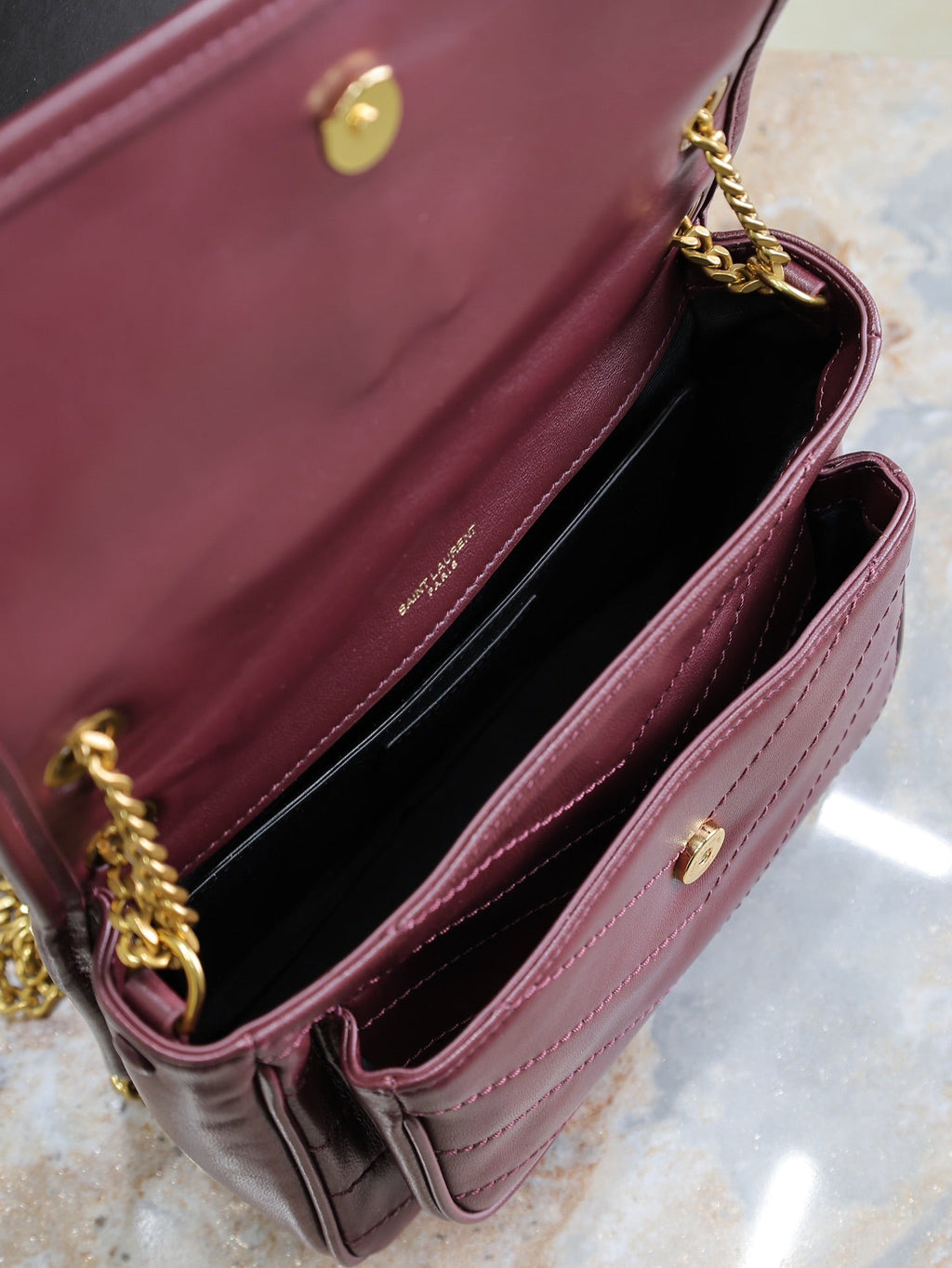 Saint Laurent Niki Baby 22 in Wine Red Lambskin Gold Chain Bag