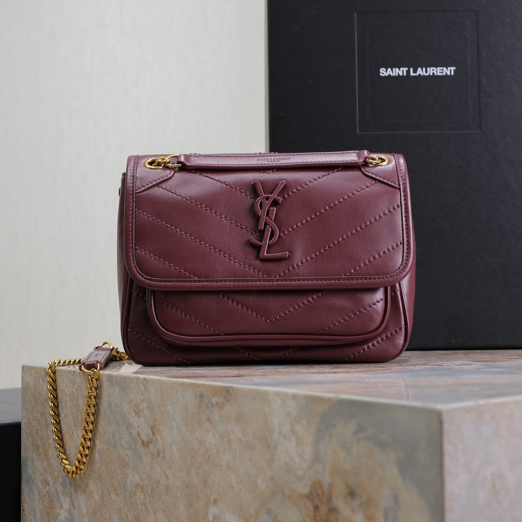 Saint Laurent Niki Baby 22 in Wine Red Lambskin Gold Chain Bag
