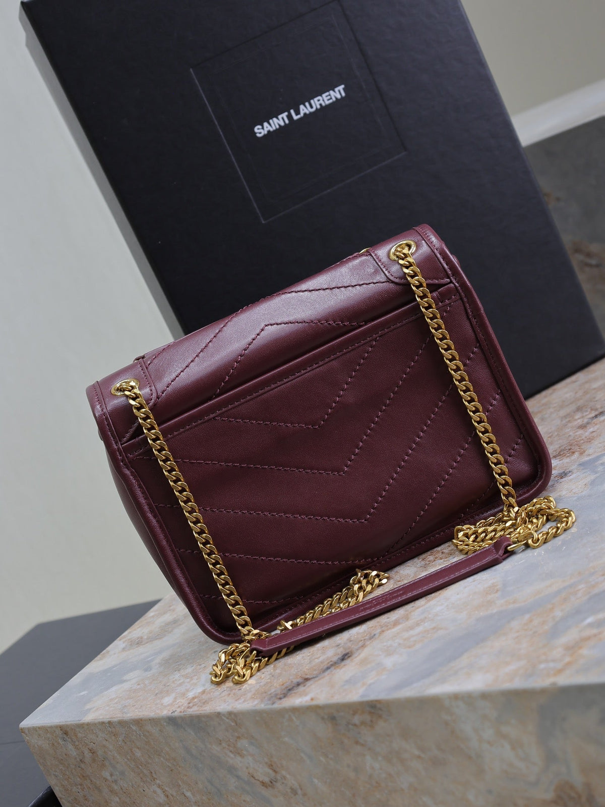 Saint Laurent Niki Baby 22 in Wine Red Lambskin Gold Chain Bag