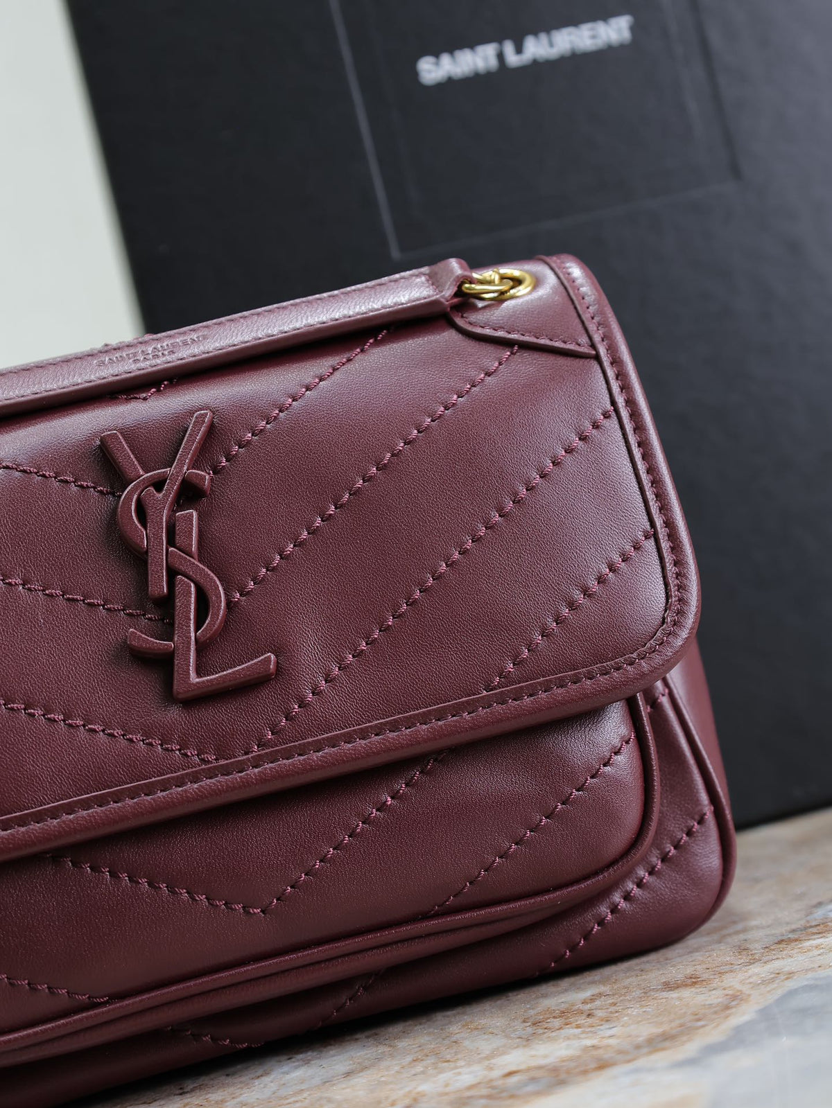 Saint Laurent Niki Baby 22 in Wine Red Lambskin Gold Chain Bag