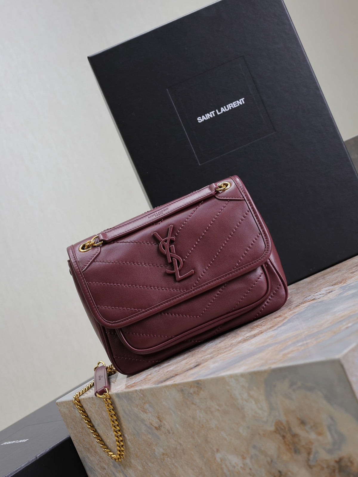 Saint Laurent Niki Baby 22 in Wine Red Lambskin Gold Chain Bag