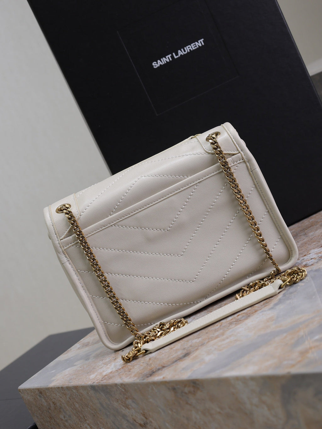 Saint Laurent Niki Baby 22 in Rice White Lambskin Gold Chain Bag