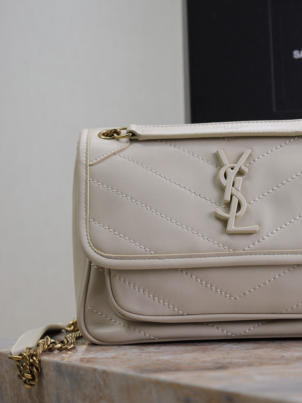Saint Laurent Niki Baby 22 in Rice White Lambskin Gold Chain Bag