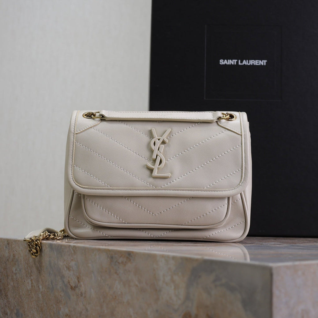 Saint Laurent Niki Baby 22 in Rice White Lambskin Gold Chain Bag