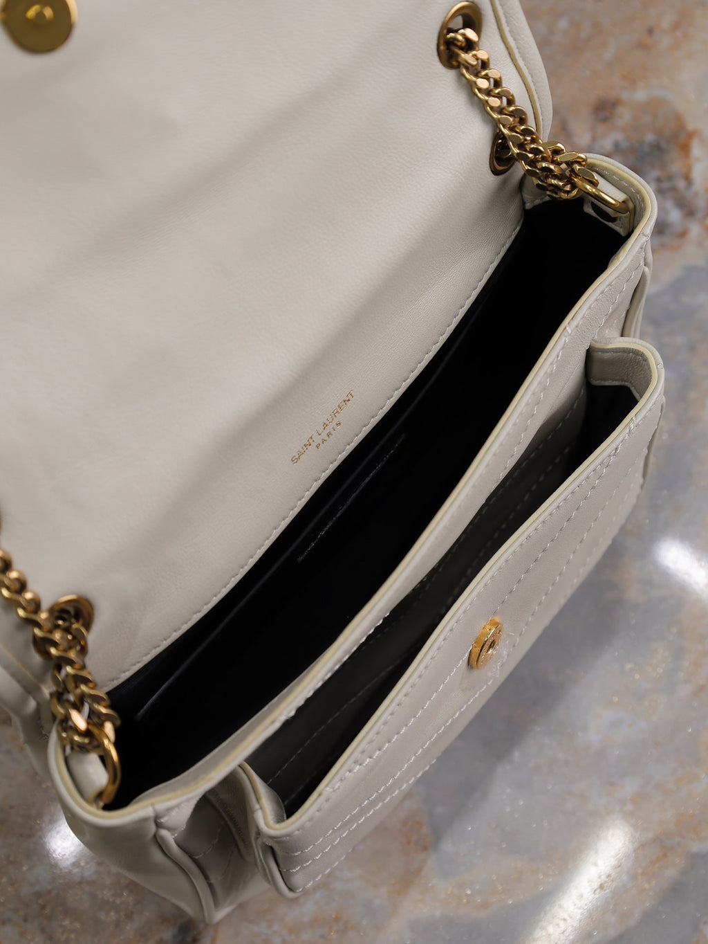 Saint Laurent Niki Baby 22 in Rice White Lambskin Gold Chain Bag