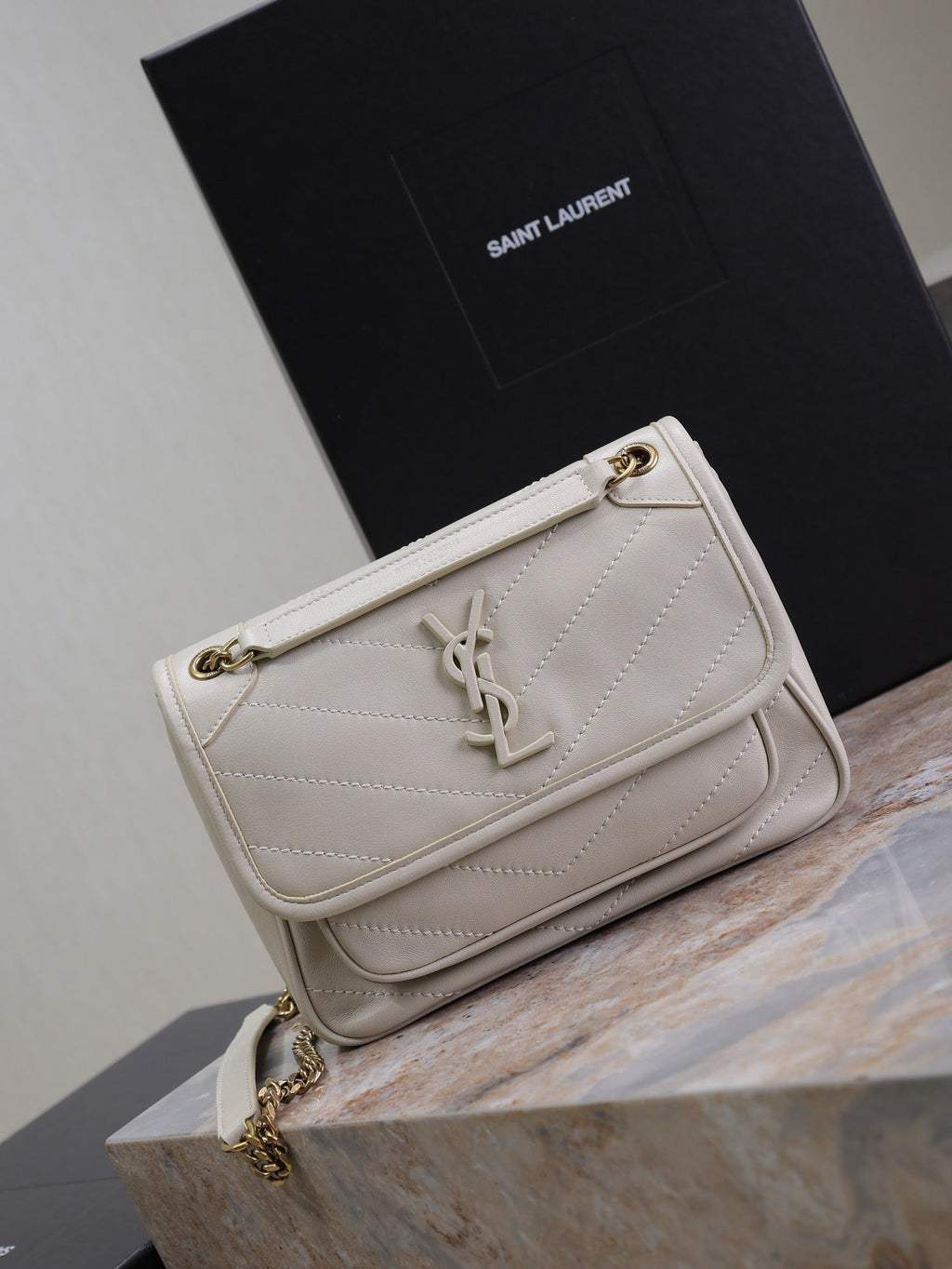 Saint Laurent Niki Baby 22 in Rice White Lambskin Gold Chain Bag