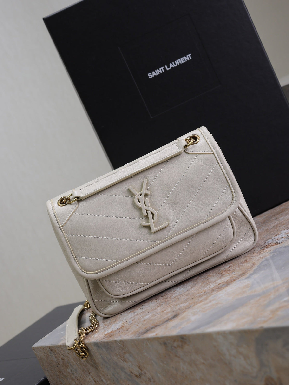 Saint Laurent Niki Baby 22 in Rice White Lambskin Gold Chain Bag
