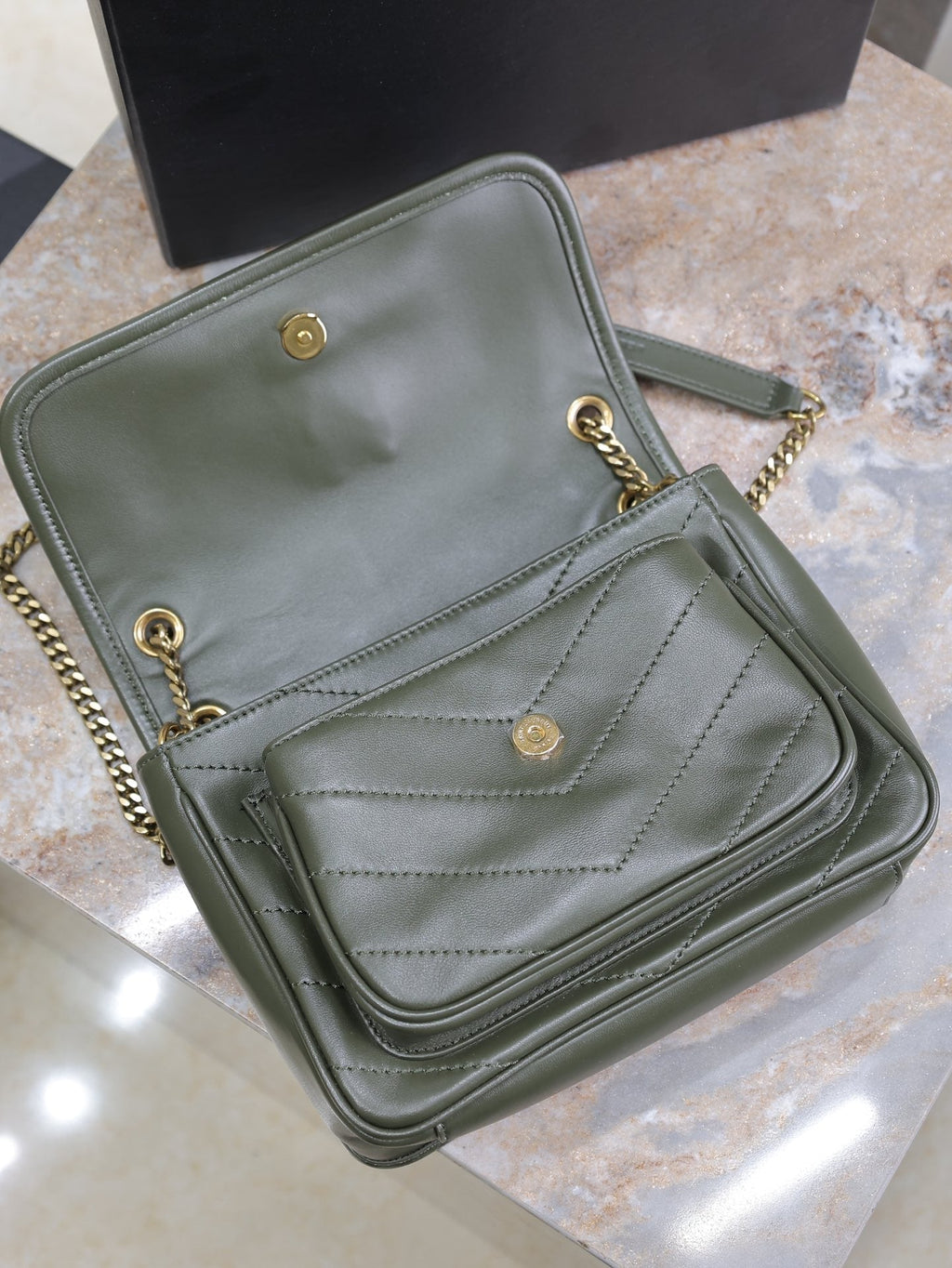 Saint Laurent Niki Baby 22 in Uniform Green Lambskin Gold Chain Bag