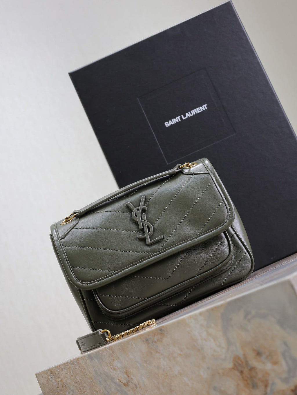 Saint Laurent Niki Baby 22 in Uniform Green Lambskin Gold Chain Bag