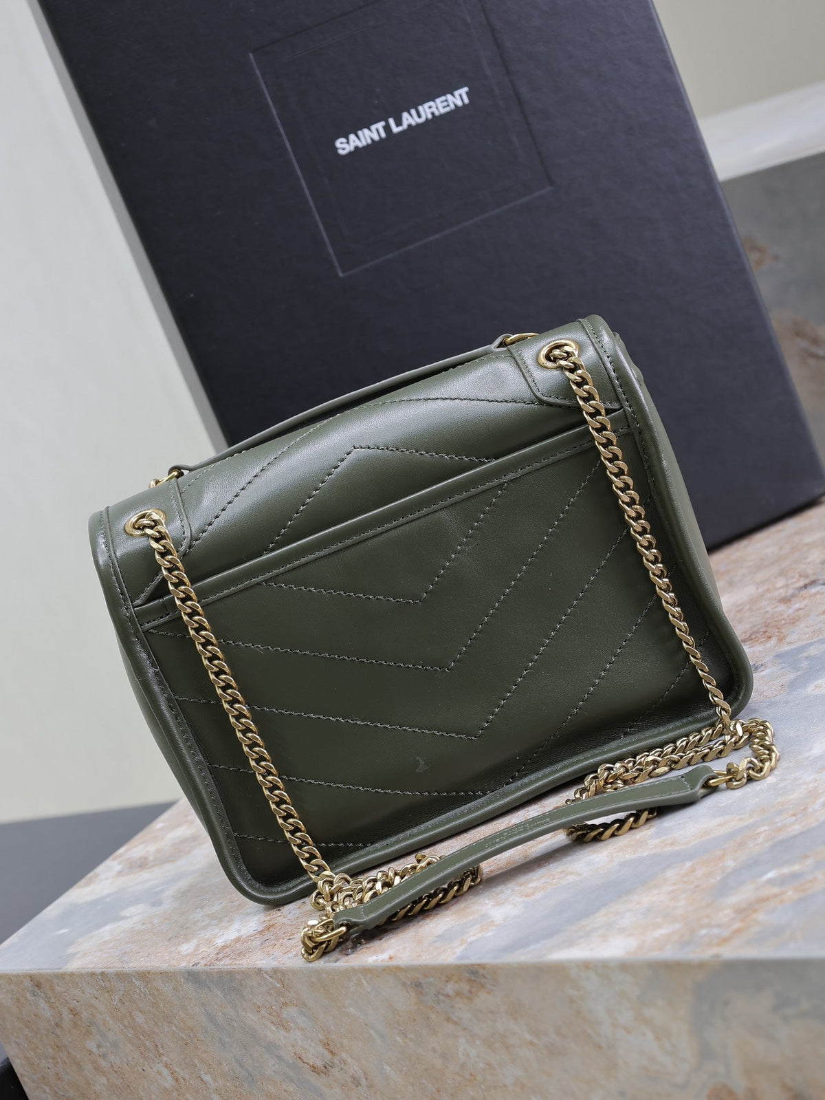 Saint Laurent Niki Baby 22 in Uniform Green Lambskin Gold Chain Bag