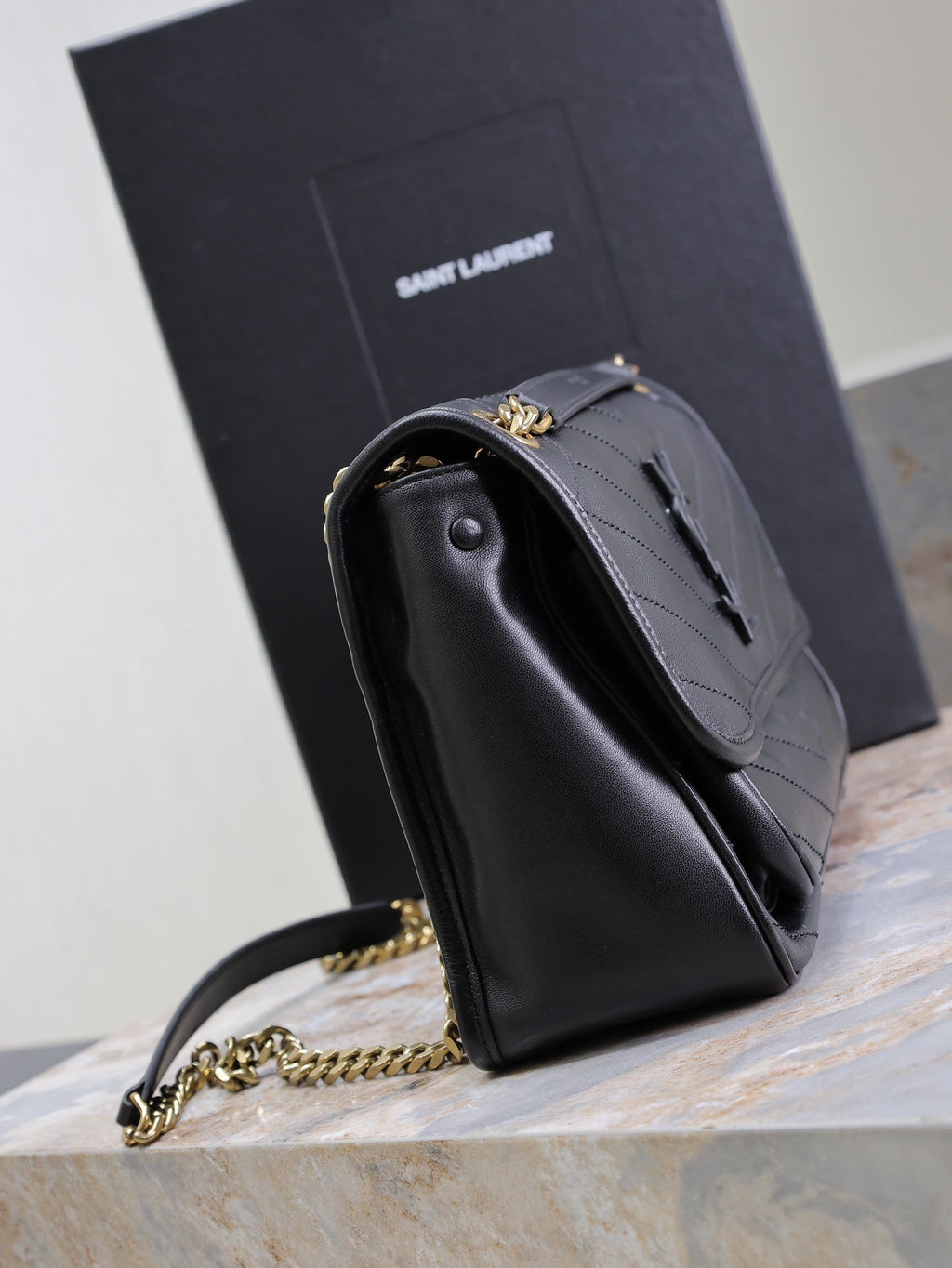 Saint Laurent Niki Medium 28 in Black Lambskin Black Logo Gold Chain Bag