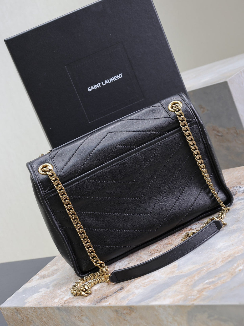 Saint Laurent Niki Medium 28 in Black Lambskin Black Logo Gold Chain Bag