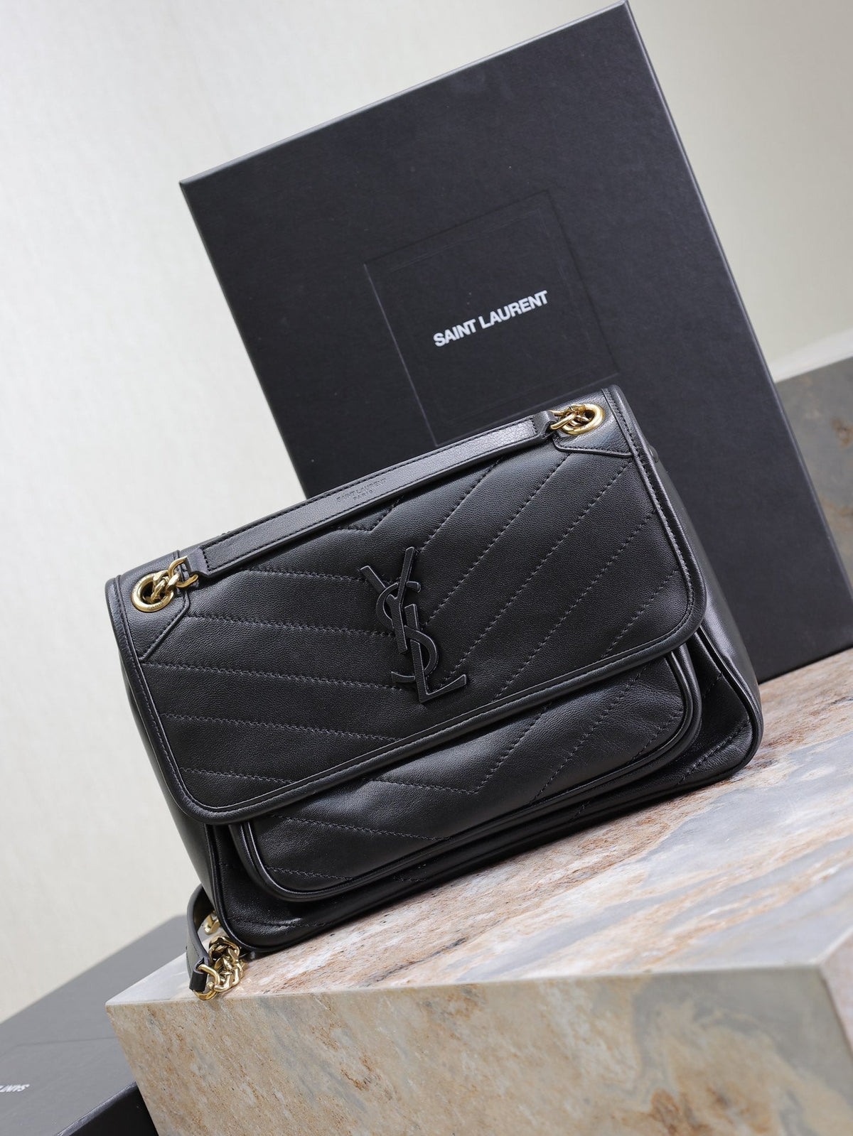 Saint Laurent Niki Medium 28 in Black Lambskin Black Logo Gold Chain Bag