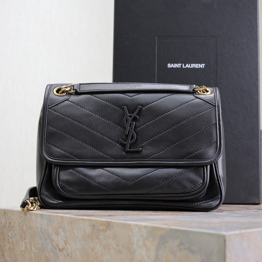 Saint Laurent Niki Medium 28 in Black Lambskin Black Logo Gold Chain Bag