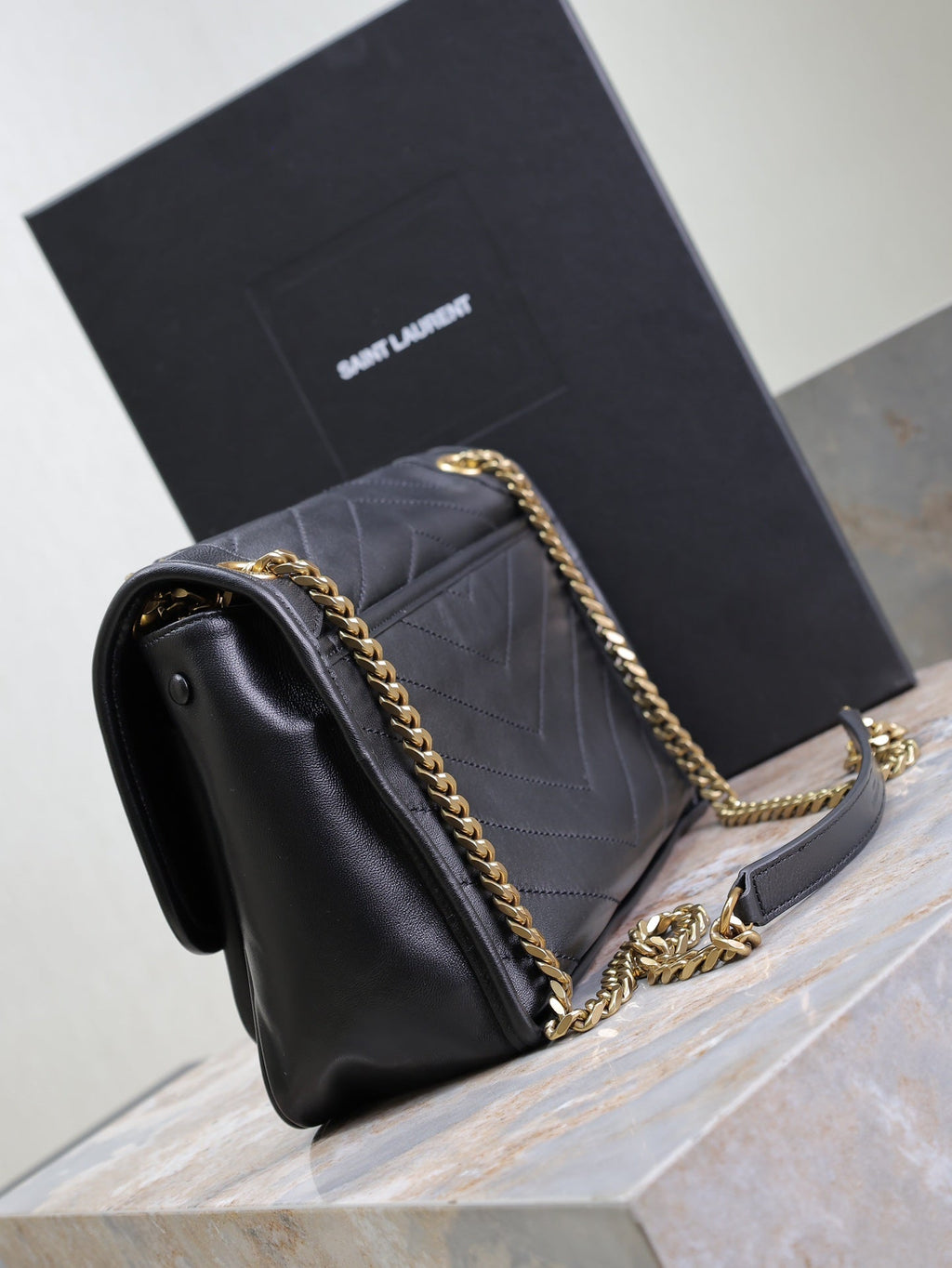 Saint Laurent Niki Medium 28 in Black Lambskin Black Logo Gold Chain Bag