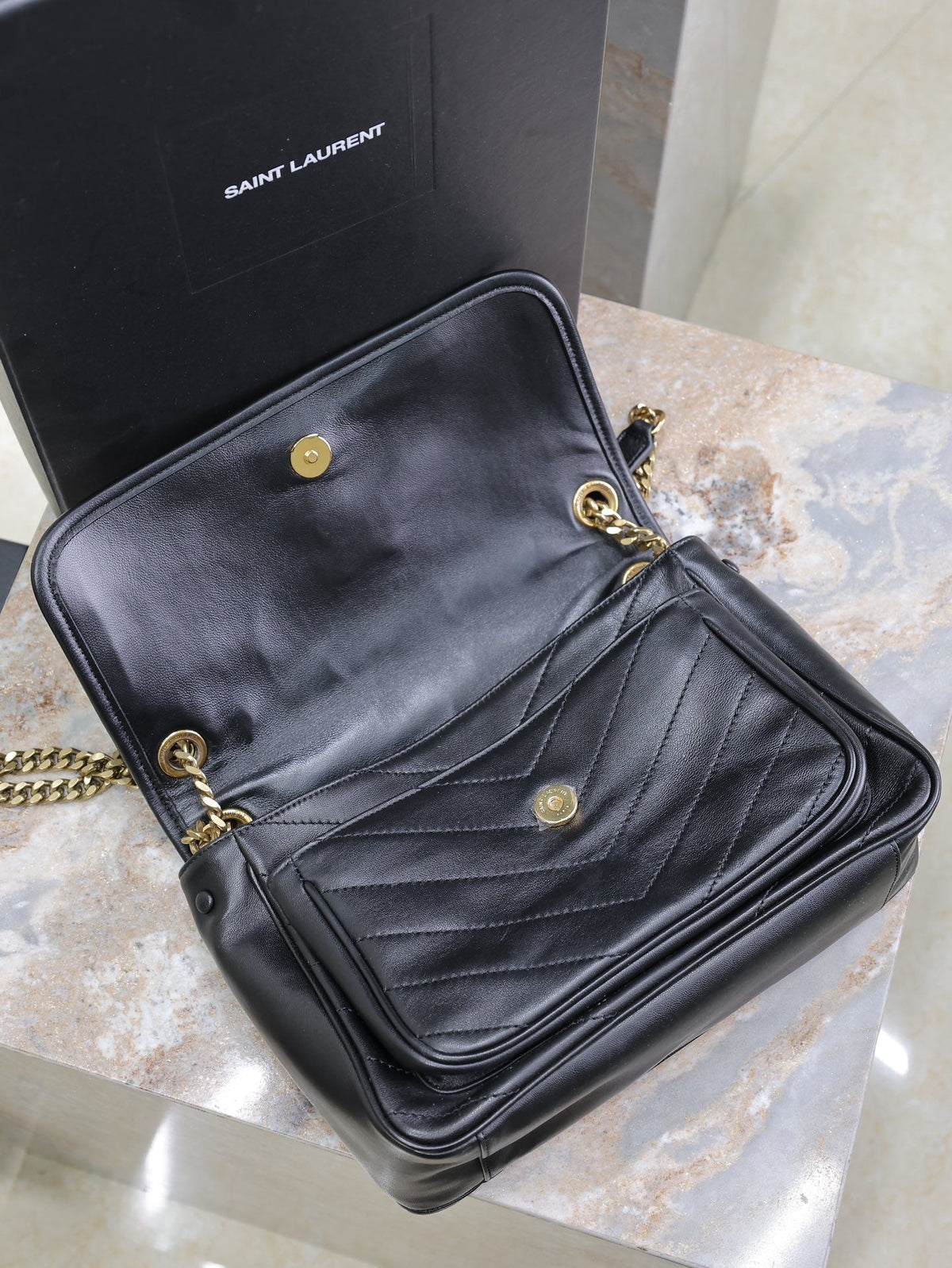 Saint Laurent Niki Medium 28 in Black Lambskin Black Logo Gold Chain Bag