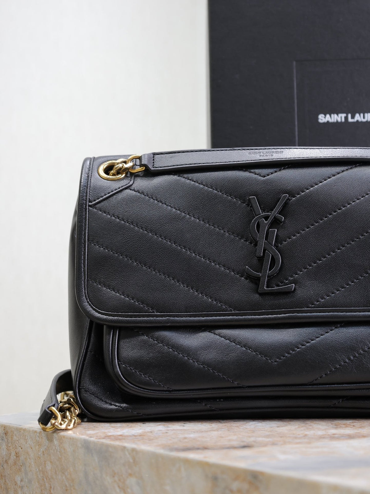 Saint Laurent Niki Medium 28 in Black Lambskin Black Logo Gold Chain Bag