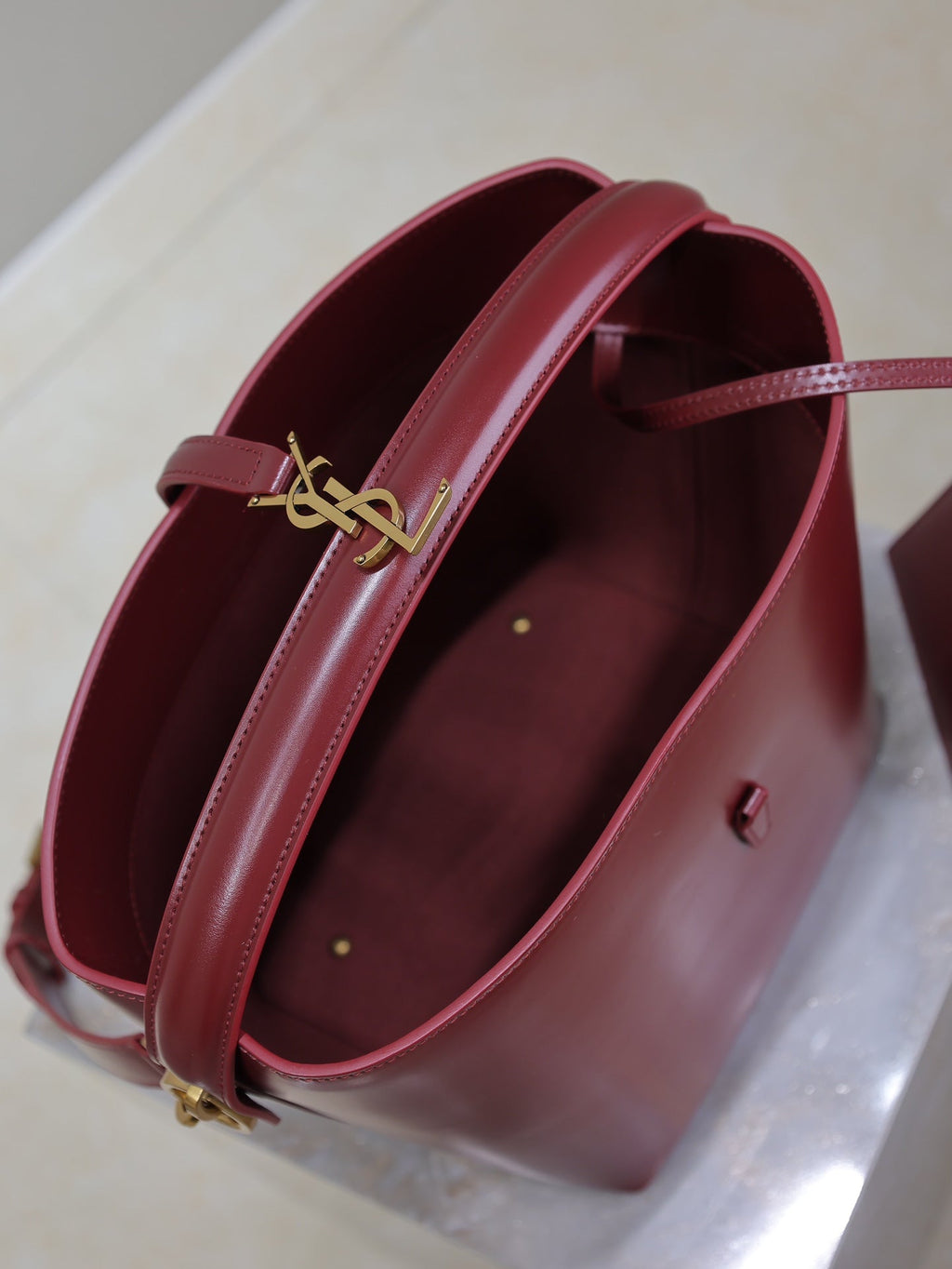 Saint Laurent 25S Le 5 À 7 Bucket 26 in Dark Burgundy Calfskin Gold Hardwre