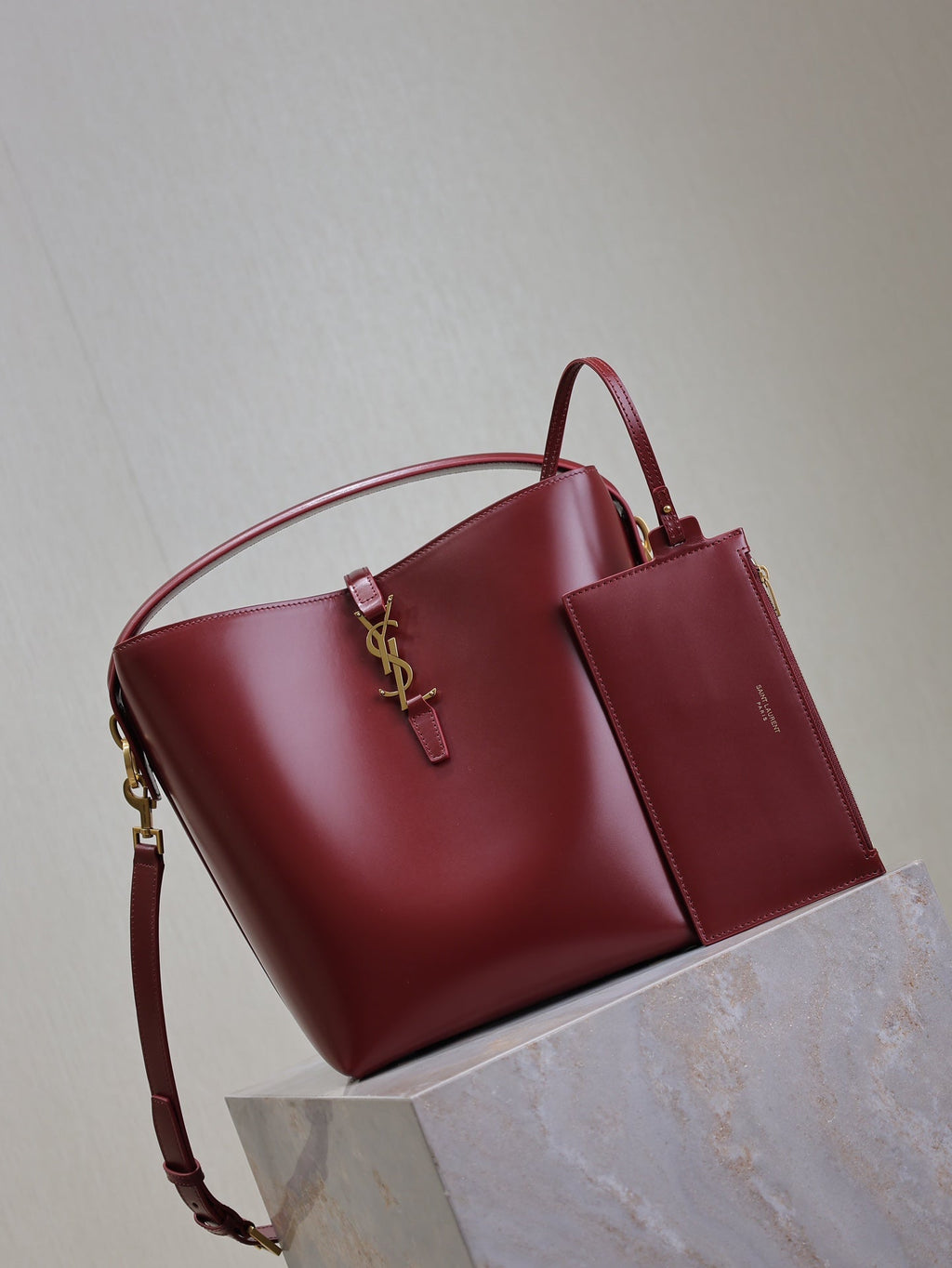 Saint Laurent 25S Le 5 À 7 Bucket 26 in Dark Burgundy Calfskin Gold Hardwre