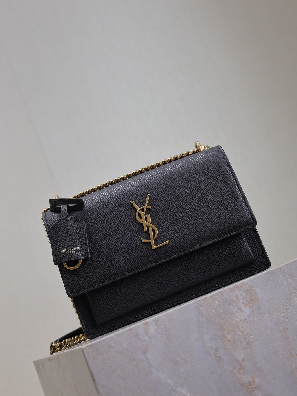 Saint Laurent 25S Sunset Medium 22 in Black Grained Calfskin Gold Hardwre Bag