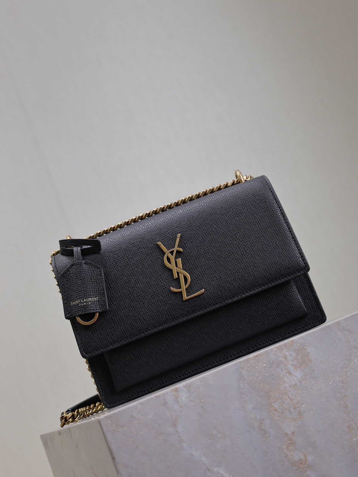 Saint Laurent 25S Sunset Medium 22 in Black Grained Calfskin Gold Hardwre Bag