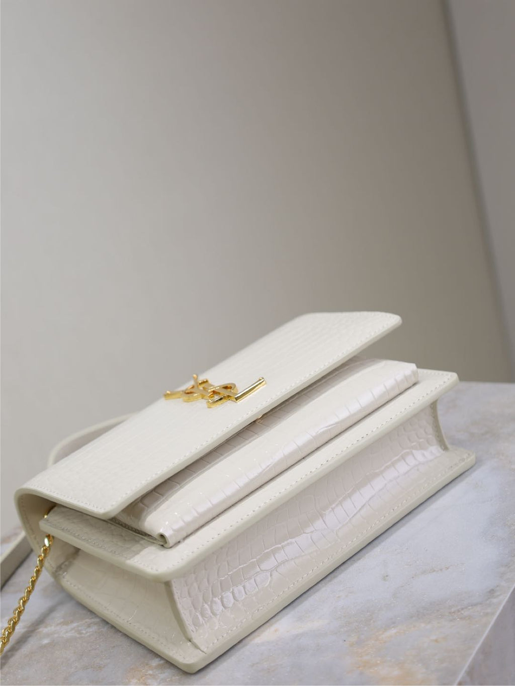 Saint Laurent Sunset Small Bag 19 in White Crocodile-Embossed Calfskin Gold Hardware