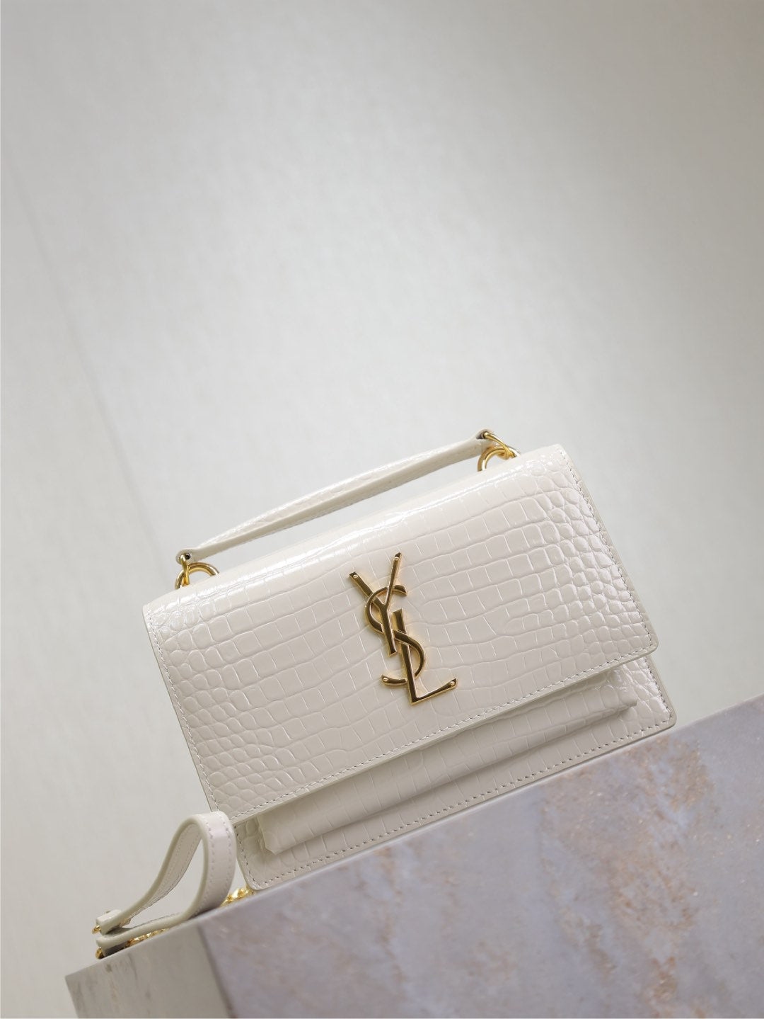 Saint Laurent Sunset Small Bag 19 in White Crocodile-Embossed Calfskin Gold Hardware