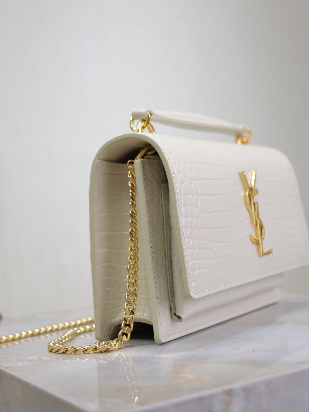 Saint Laurent Sunset Small Bag 19 in White Crocodile-Embossed Calfskin Gold Hardware