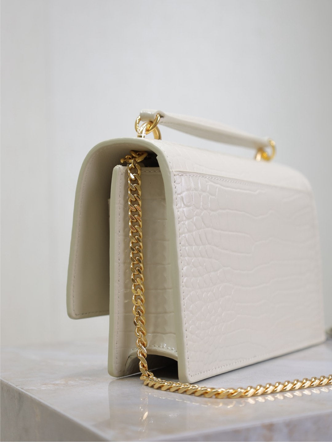 Saint Laurent Sunset Small Bag 19 in White Crocodile-Embossed Calfskin Gold Hardware