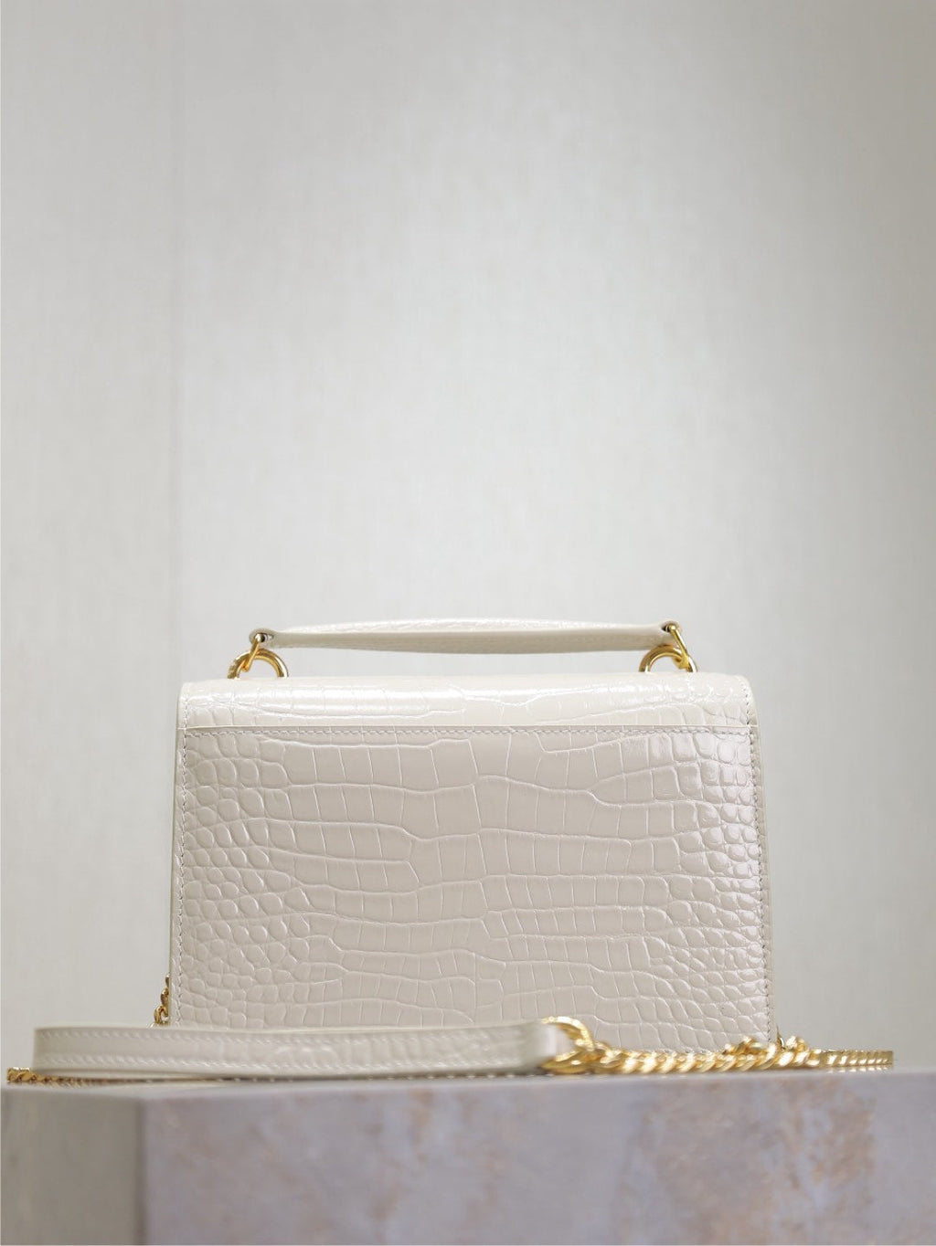 Saint Laurent Sunset Small Bag 19 in White Crocodile-Embossed Calfskin Gold Hardware