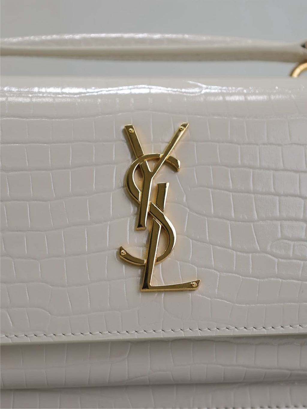 Saint Laurent Sunset Small Bag 19 in White Crocodile-Embossed Calfskin Gold Hardware
