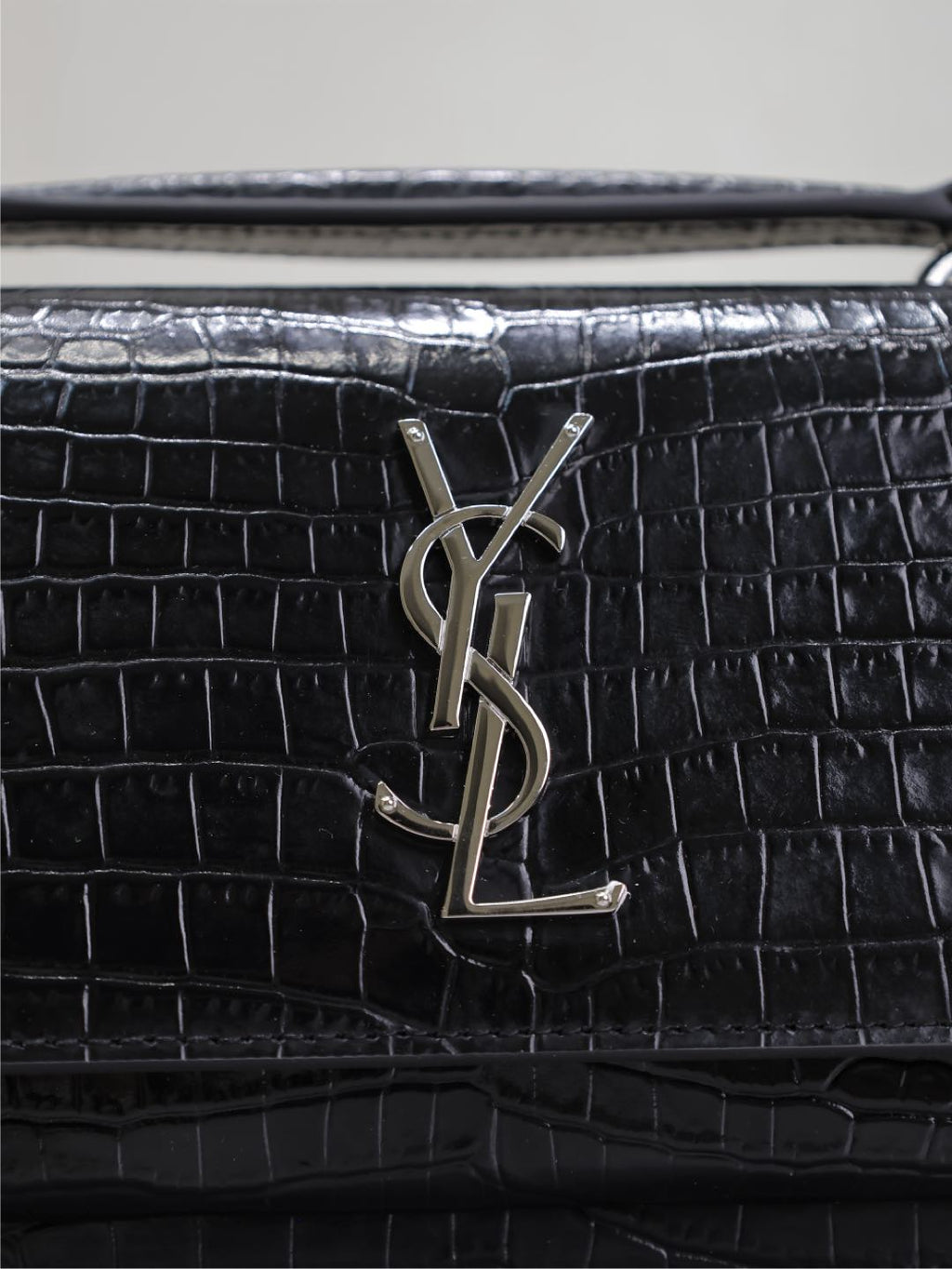 Saint Laurent Sunset Small Bag 19 in Black Crocodile-Embossed Calfskin Silver Hardware
