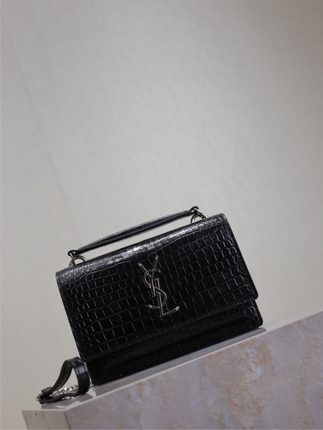 Saint Laurent Sunset Small Bag 19 in Black Crocodile-Embossed Calfskin Silver Hardware