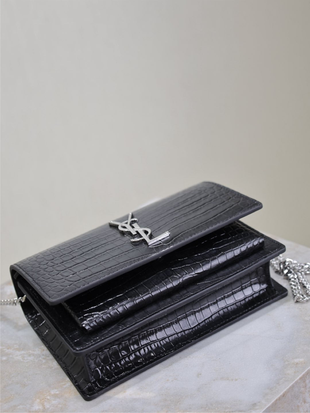 Saint Laurent Sunset Small Bag 19 in Black Crocodile-Embossed Calfskin Silver Hardware