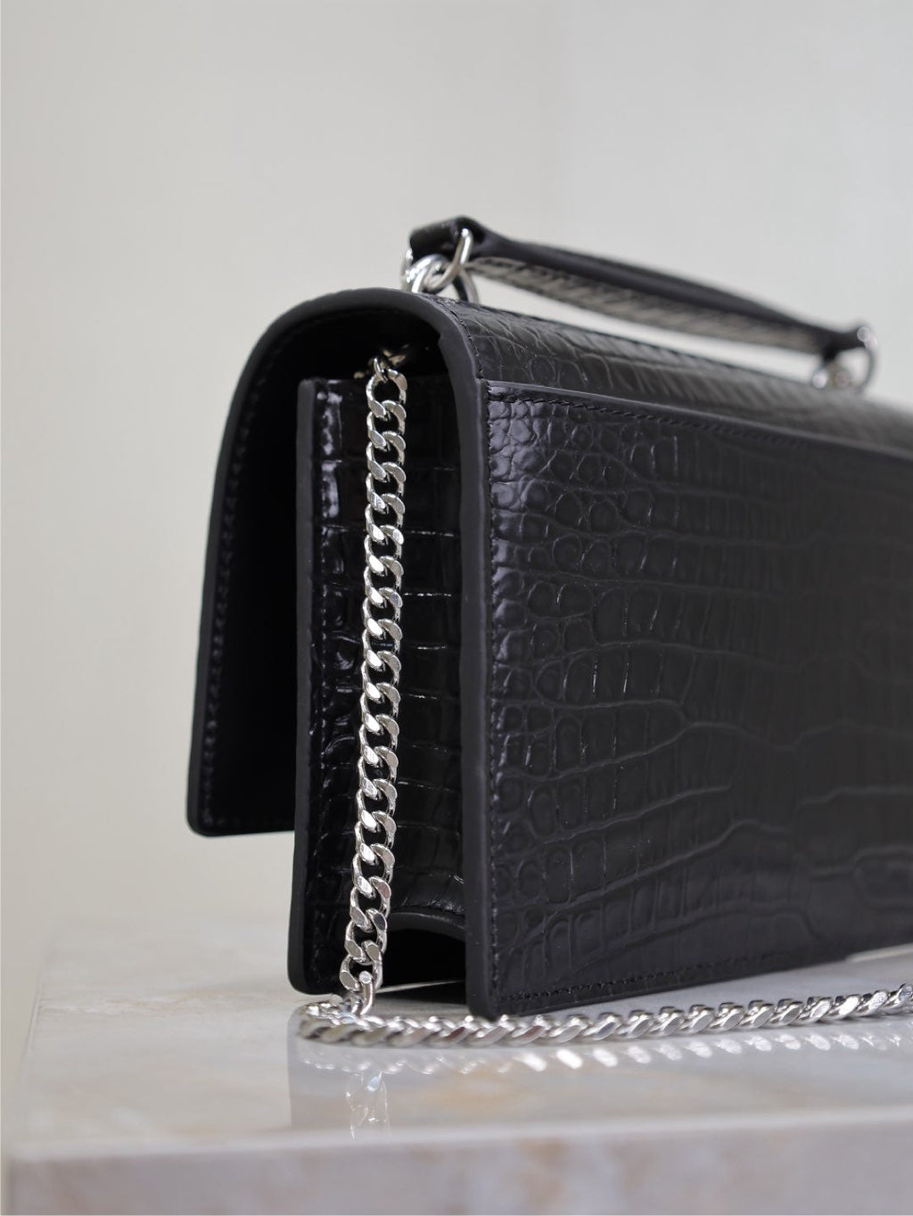 Saint Laurent Sunset Small Bag 19 in Black Crocodile-Embossed Calfskin Silver Hardware