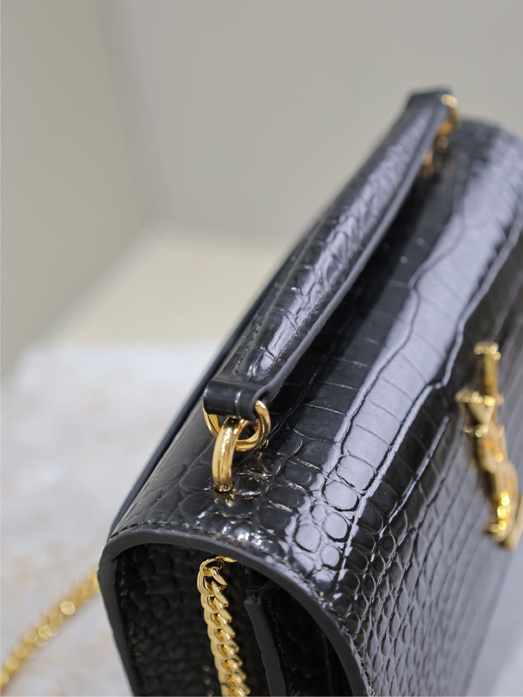 Saint Laurent Sunset Small Bag 19 in Black Crocodile-Embossed Calfskin Copper Hardware