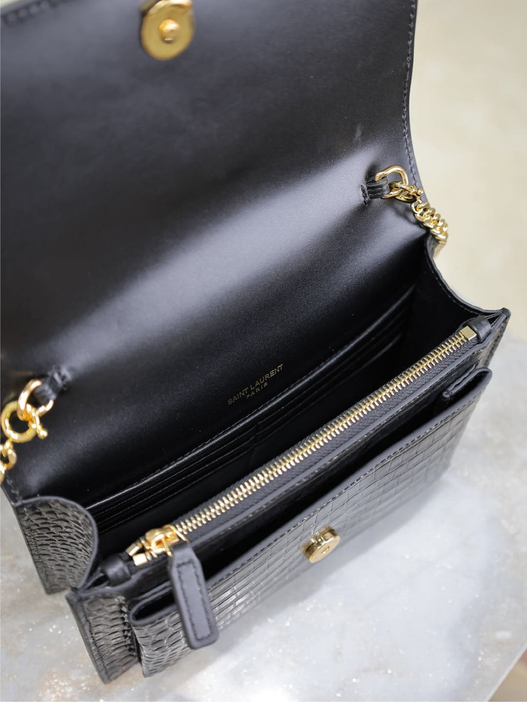 Saint Laurent Sunset Small Bag 19 in Black Crocodile-Embossed Calfskin Copper Hardware