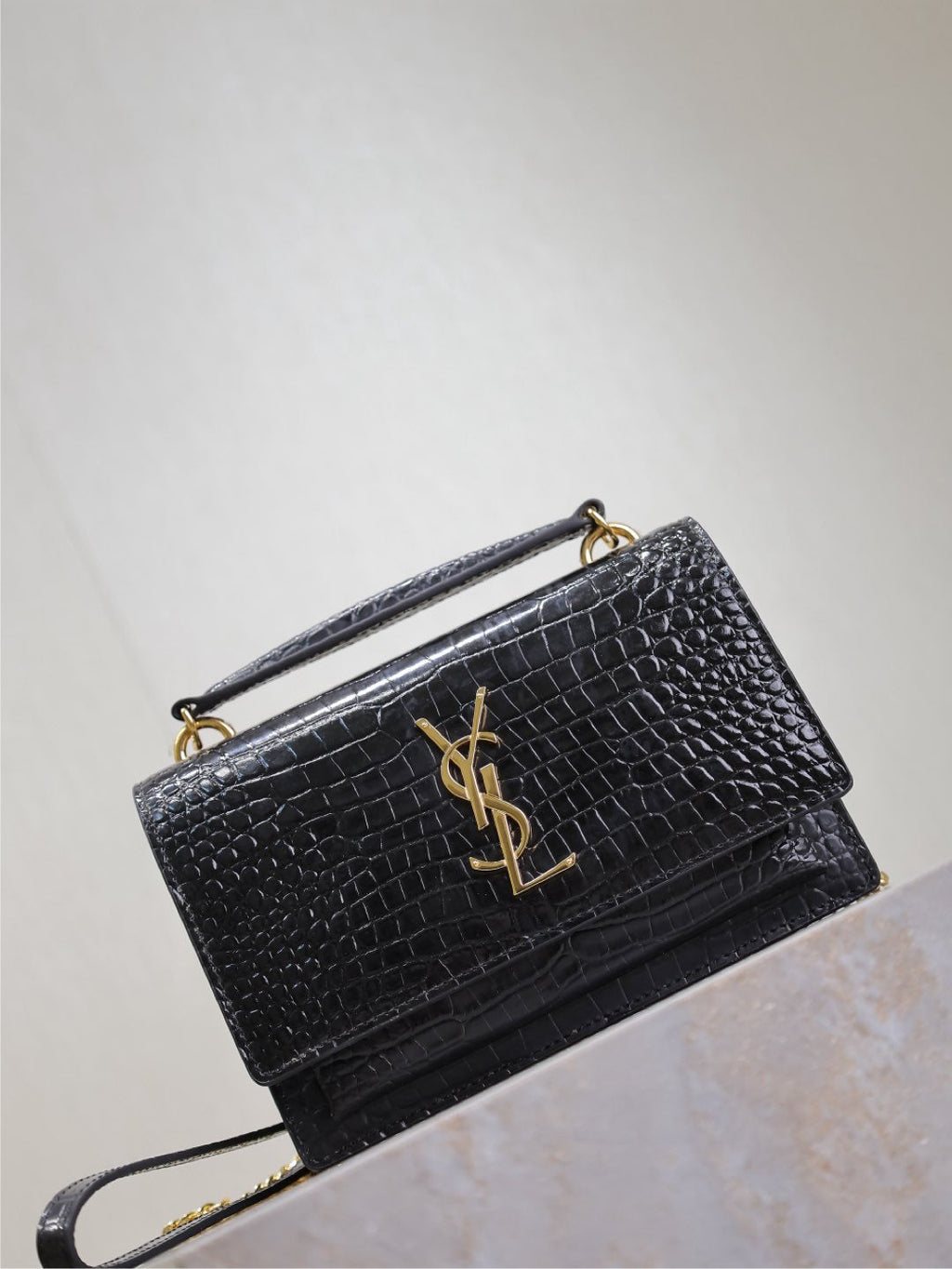 Saint Laurent Sunset Small Bag 19 in Black Crocodile-Embossed Calfskin Copper Hardware