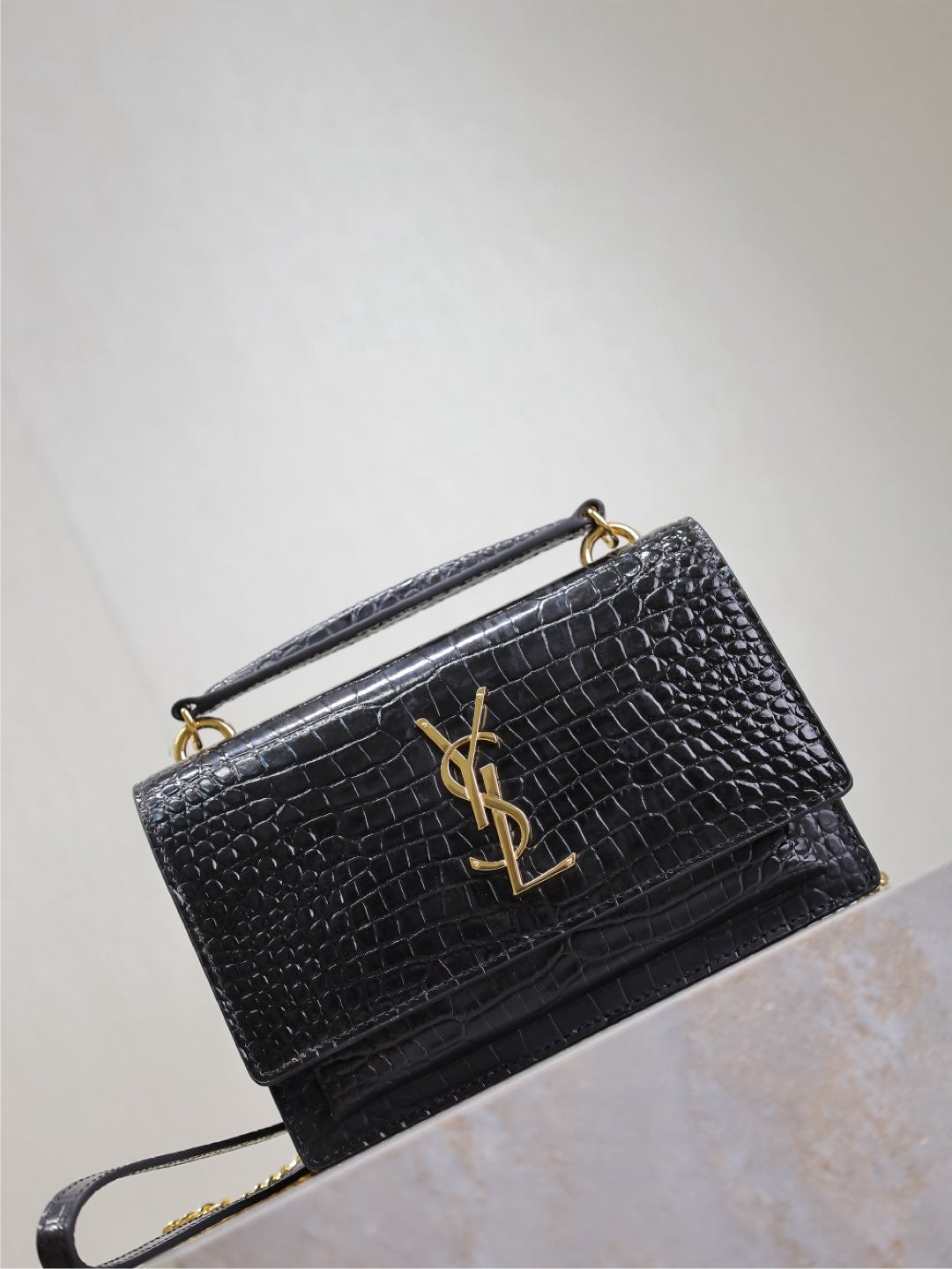 Saint Laurent Sunset Small Bag 19 in Black Crocodile-Embossed Calfskin Copper Hardware