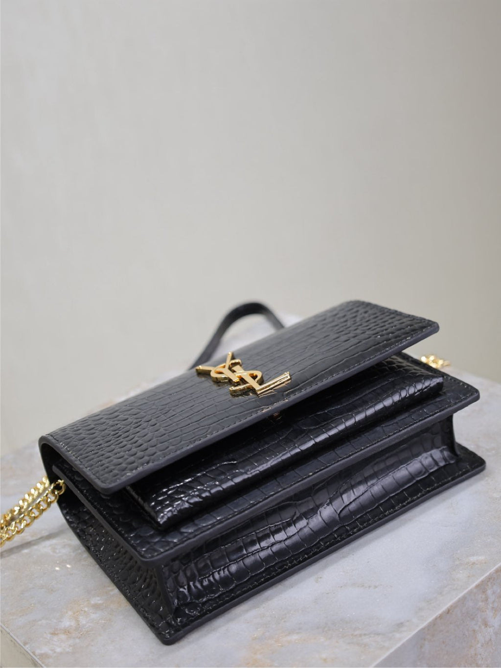 Saint Laurent Sunset Small Bag 19 in Black Crocodile-Embossed Calfskin Copper Hardware
