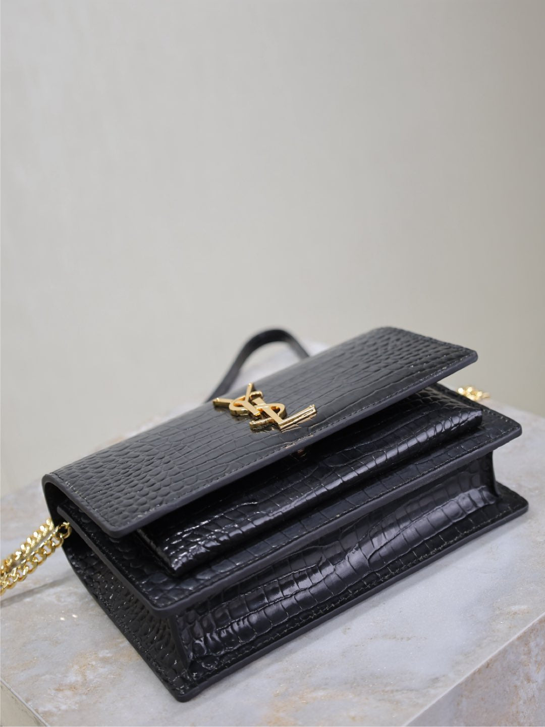 Saint Laurent Sunset Small Bag 19 in Black Crocodile-Embossed Calfskin Copper Hardware