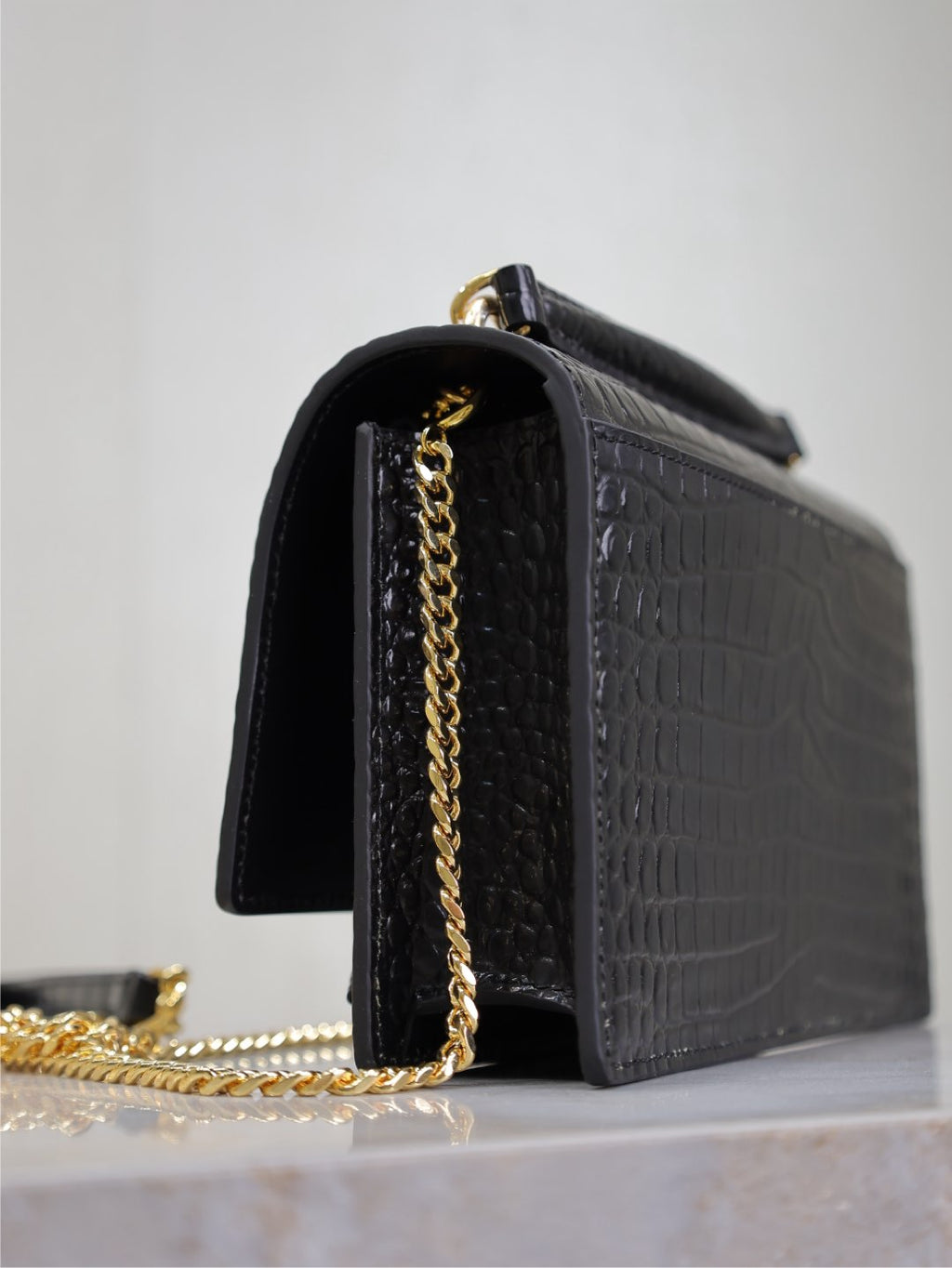 Saint Laurent Sunset Small Bag 19 in Black Crocodile-Embossed Calfskin Copper Hardware