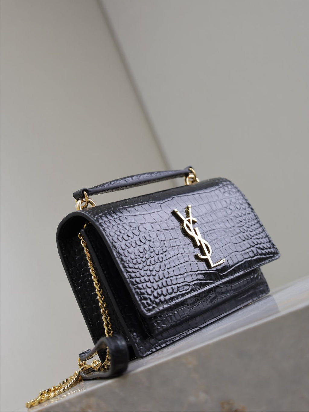 Saint Laurent Sunset Small Bag 19 in Black Crocodile-Embossed Calfskin Copper Hardware