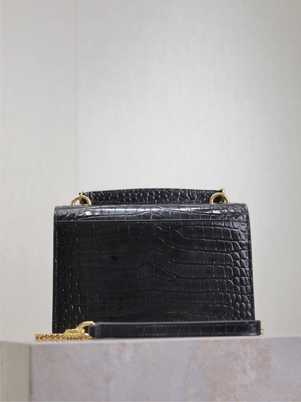 Saint Laurent Sunset Small Bag 19 in Black Crocodile-Embossed Calfskin Copper Hardware